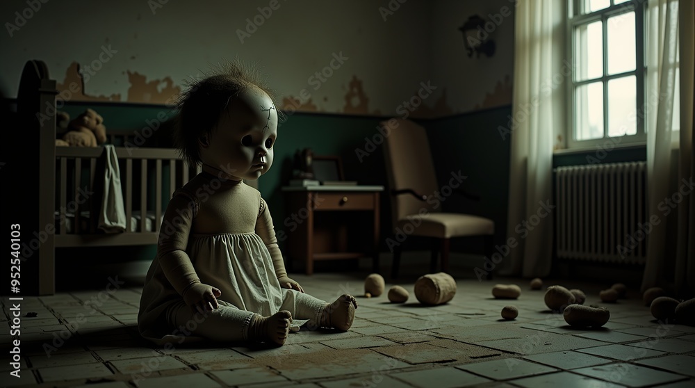 Wall mural Eerie cracked doll with missing eye i