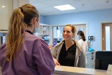 Smiling woman talking to a healthcare worker at a clinic reception