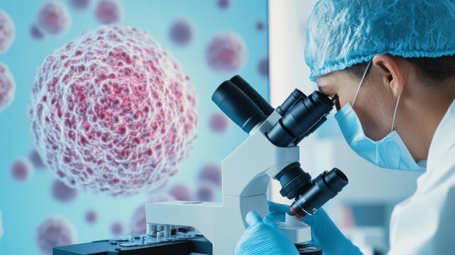 Scientist using confocal microscopy to visualize cellular structures, 3D imaging, cell detail