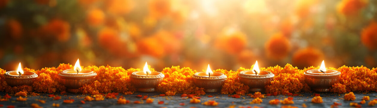 Golden Diya and Marigold Garland Border concept as Horizontal frame with golden diyas and marigold garlands arranged on the top and bottom edges creating a warm and inviting copy space in the center p