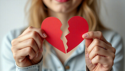 Woman holding a red broken heart in her hands
