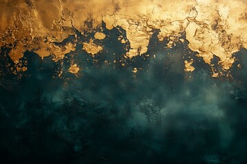 Golden abstract paint texture on dark green background. Luxury wallpaper concept with metallic effect. Image for banner with copy space.
