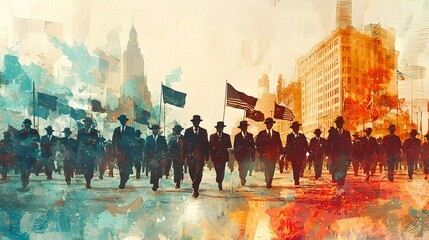 Silhouettes of People Marching with Flags in Cityscape