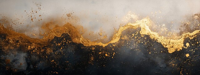 Golden abstract paint texture on black and white background. Luxury wallpaper concept with metallic effect. Image for banner with copy space.