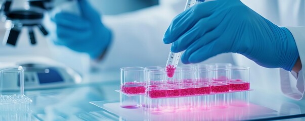 Scientist culturing cells in biocompatible polymers for regenerative medicine, tissue integration, biomedical innovation