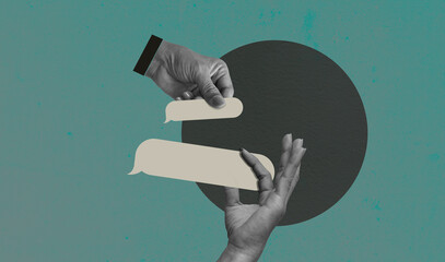 Hand holding dialogue bubble. Concept of communication, news, chat, social media, banner on green vintage background. Art collage digital pop modern art.