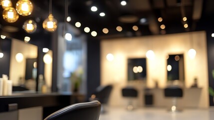 A modern salon interior featuring stylish lighting and mirrors, designed for hair and beauty services.