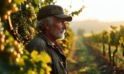 An elderly man wearing a hat tends to grapevines in a vineyard during the golden hour, with warm...