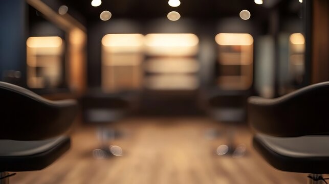 A blurred interior of a modern salon with styling chairs and warm lighting.