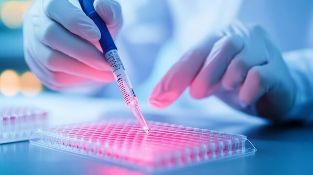 Researcher using microarray plates for high-throughput cell analysis, parallel testing, biotech advancement