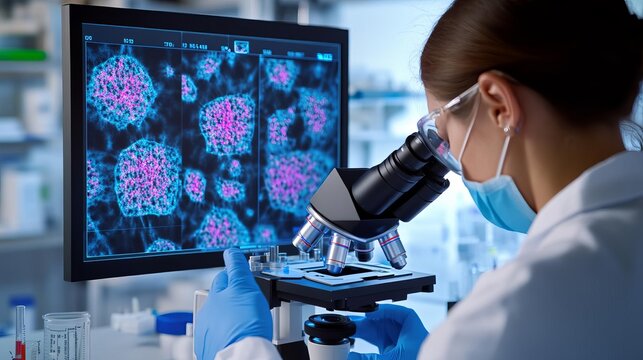 Researcher using fluorescence microscopy to observe cellular structures, detailed imaging, cell analysis