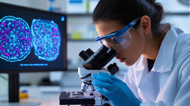 Researcher using fluorescence microscopy to observe cellular structures, detailed imaging, cell analysis