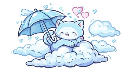 Vector drawing of a cute cat flying in the sky with an umbrella