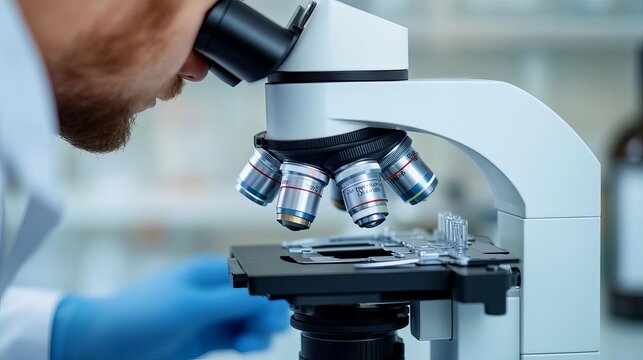 Researcher using a stereomicroscope to monitor cell colony formation, colony observation, microscopic detail