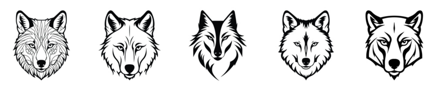 Set of wolf face line art.