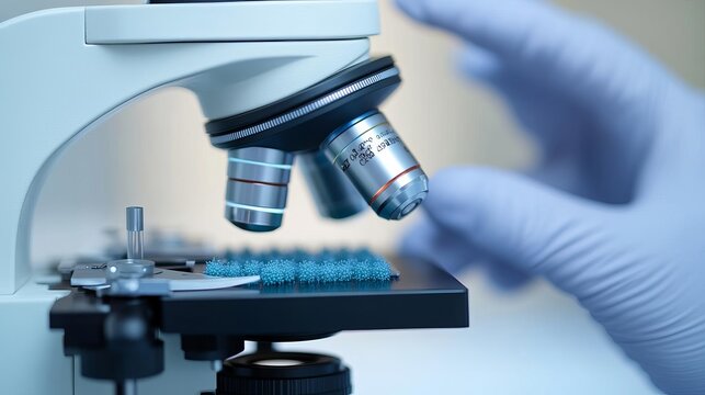 Researcher using a stereomicroscope to monitor cell colony formation, colony observation, microscopic detail