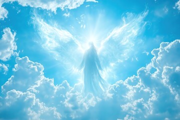 Elegant, ethereal angel surrounded by vibrant blue sky and fluffy clouds, emanating light.