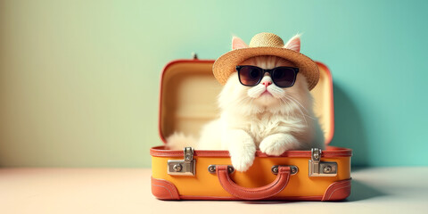 Naklejka premium A Persian cat with glasses and a hat is sitting in a suitcase