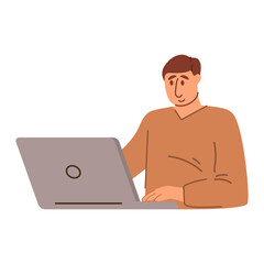 Office worker. Man is working at his laptop.Vector illustration cartoon.Software developer.The programmer at work.Working at home .Man use laptop