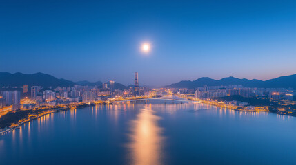 A drone photo of the brightly lit blue bridge across West Lake in Hangzhou at night, with city lights and skyscrapers on both sides. The moon is shining above it, creating an enchanting atmosphere.