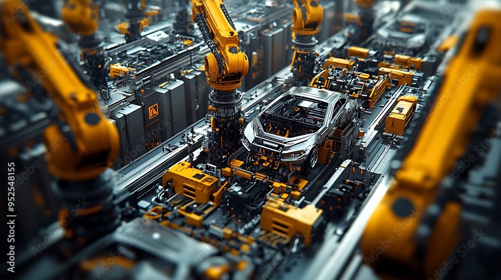 Poster high-angle view of robotic arms assembling car parts on automotive factory floor