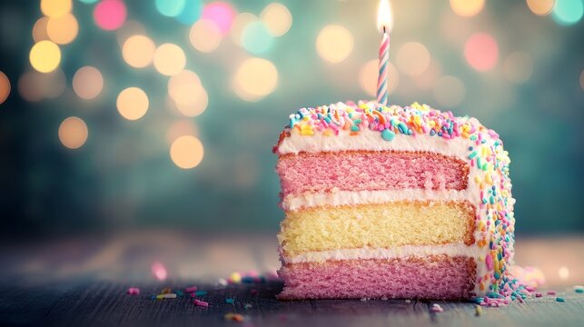 A slice of colorful layered cake with frosting, sprinkles, and a candle, set against a blurred, festive background.