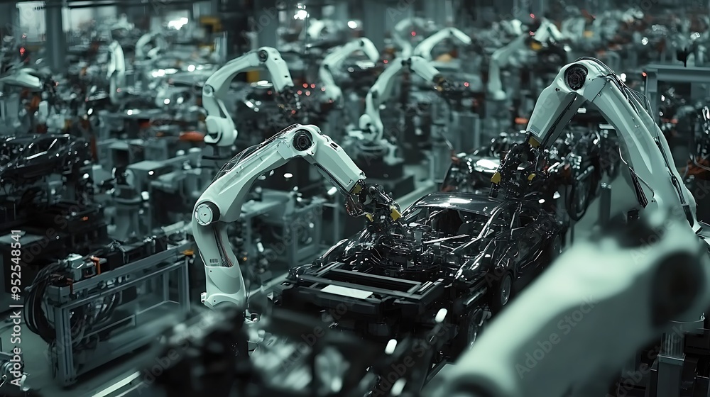 Poster high-angle view of robotic arms assembling car parts on automotive factory floor