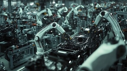Obraz premium High-Angle View of Robotic Arms Assembling Car Parts on Automotive Factory Floor
