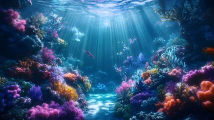 Naklejka premium Colorful underwater scene with mermaids swimming through coral gardens and sunbeams Vivid fantastical with fluid shapes realistic 3D marine life