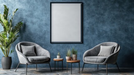 Two Grey Armchairs Facing Each Other in a Room with a Blank Frame on the Wall
