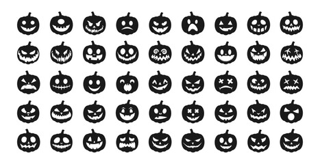 Black Halloween Pumpkin. Big Set pumpkin on white background. The main symbol of the Happy Halloween holiday. Black pumpkin with smile. Vector illustration.