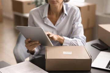 Close up cropped shot professional businesswoman using tablet while sit at desk surrounded by...