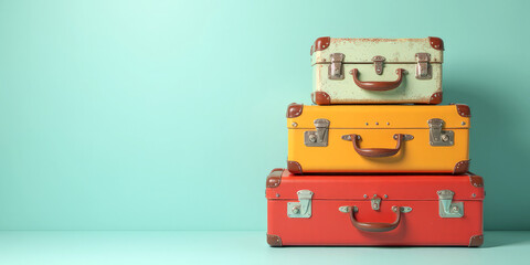 a stack of multicolored suitcases on a colored background