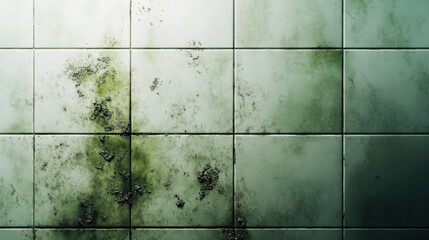 A dirty tile wall with green mold growing on it