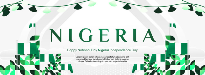 Nigeria National Day banner in modern geometric style. Elegant wide background with Nigeria national flag, great for greeting card celebrate holiday. 1st October. Happy Nigeria Independence Day © Naufal Milan Design