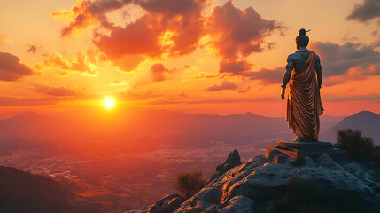 Obraz premium 3D Ramas Victory at Twilight concept as Wide shot of a statue of Rama standing victorious on a hilltop at twilight with a glossy finish on the statue enhancing the golden hues of the setting sun symbo