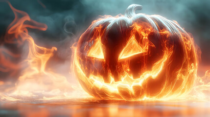 3D Glowing Abstract Jack o Lantern concept as A vibrant glowing abstract digital art of a jack o lantern with swirling light effects and eerie shadows. The scene is perfect for Halloween ads promoting