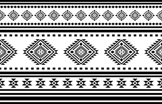 Ancient echoes Aztec geometric seamless patterns southwest Navajo Native American tribal ethnic black and white for textile printing