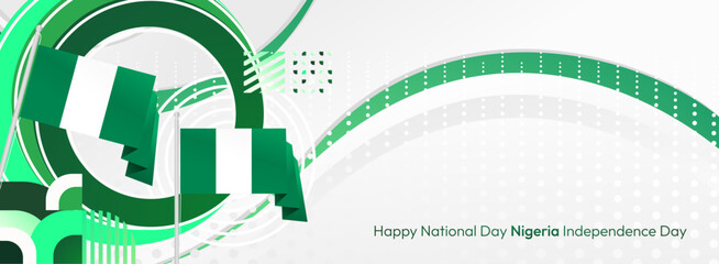 Nigeria National Day banner in modern geometric style. Elegant wide background with Nigeria national flag, great for greeting card celebrate holiday. 1st October. Happy Nigeria Independence Day