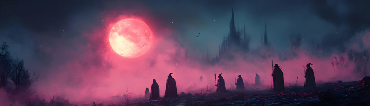 Glowing Abstract Witches Coven concept as A sleek glowing abstract digital art depicting a witches coven under a glowing moon. The scene is perfect for Halloween ads promoting witch themed parties eve