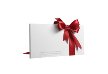 Blank white gift voucher with red ribbon bow or empty gift signboard isolated on transparent background