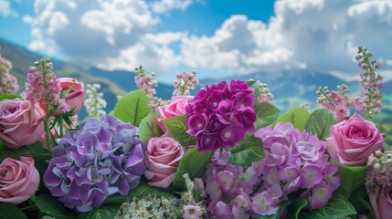 The wedding stage features a flower arrangement composed of hydrangeas
