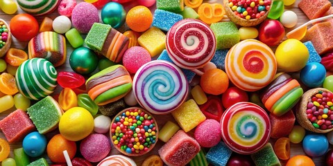 Fototapeta premium A colorful medley of nostalgic candies transports us to a bygone era, summoning memories of innocence and carefree childhood days of yesteryear.