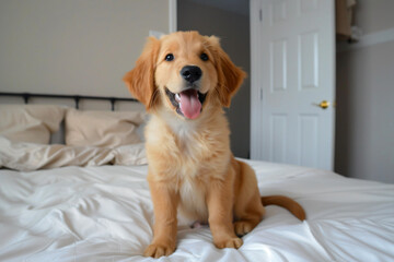 a dog sitting on a bed with a white comforter