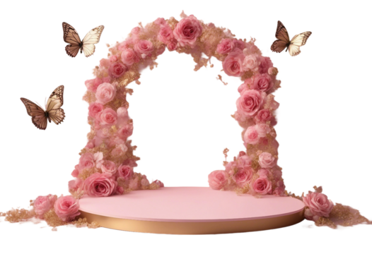 Butterfly podium background pink 3D flower pedestal rose stage cosmetic wedding platform isolated on transparent background