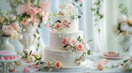 Wedding cake with floral designs, surrounded by fresh flowers