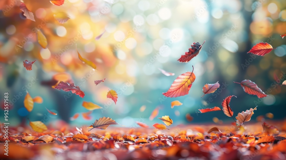Poster a beautiful autumn scene with leaves falling from trees