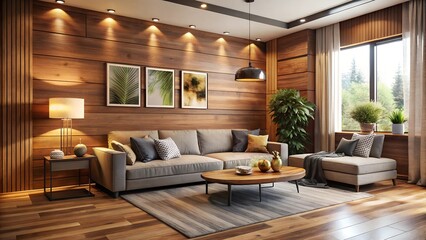 A warm, cozy living room with wooden walls, soft lighting, and modern furniture. Ideal for interior design inspiration, home decor ideas, and showcasing contemporary living spaces.