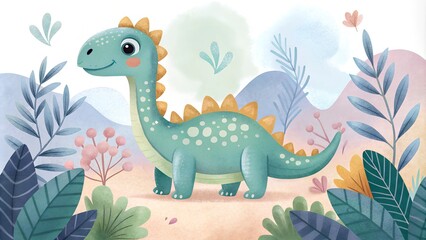 A whimsical cartoon dinosaur in a lush environment, surrounded by vibrant plants and soft hills. The playful design is perfect for children's books, room decor, or educational materials, emphasizing 