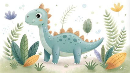 Obraz premium A sweet cartoon dinosaur in pastel surroundings with soft foliage and gentle tones. Ideal for nursery decor, children's posters, or storybooks, this design brings a calming, playful vibe to any settin